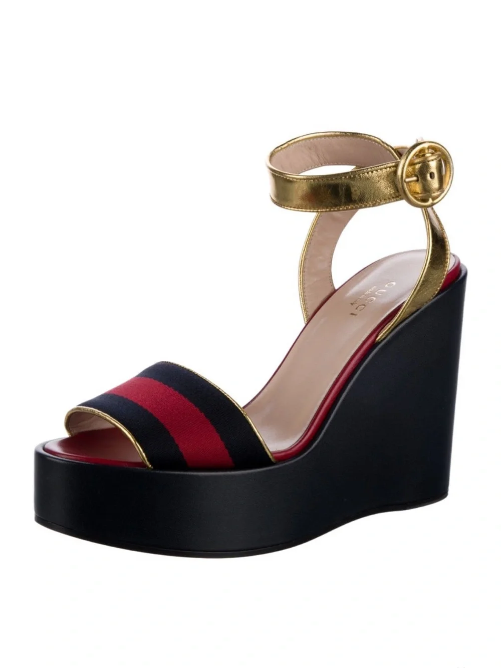 Gucci- NIB! Sylvie Web Platform Wedge Sandals w/ Gold Ankle Strap/Red Stripe- 7